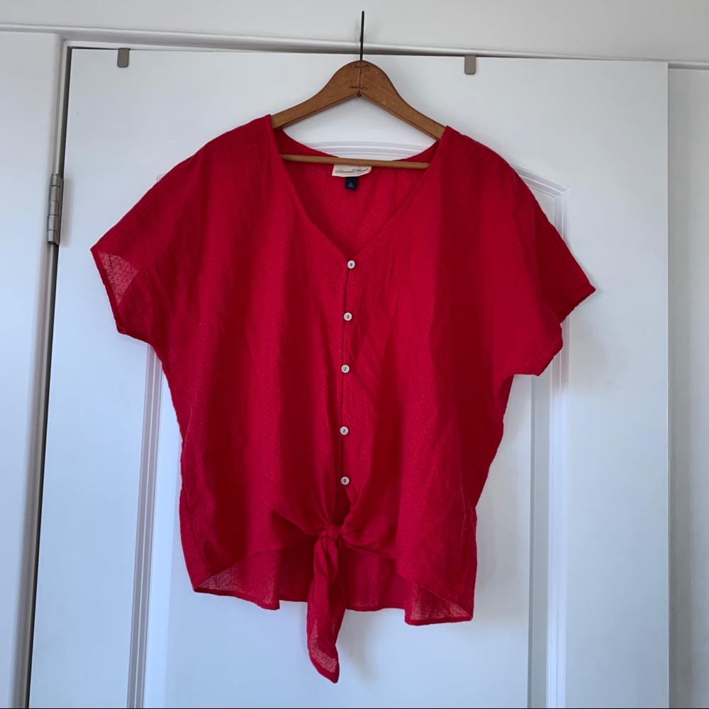 Red button-down, tie shirt